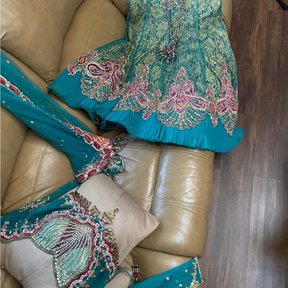 Embellished Teal and Pink Top Lengha - Picture 10 of 13